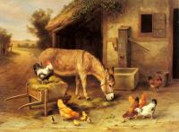 Edgar Hunt - A Donkey And Chickens Outside A Stable